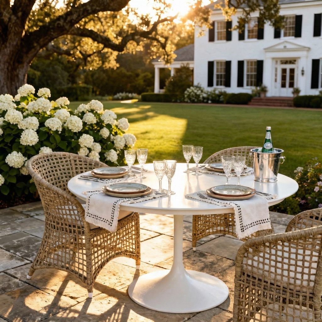 Woven dining chairs around a white table on a lawn under oak trees