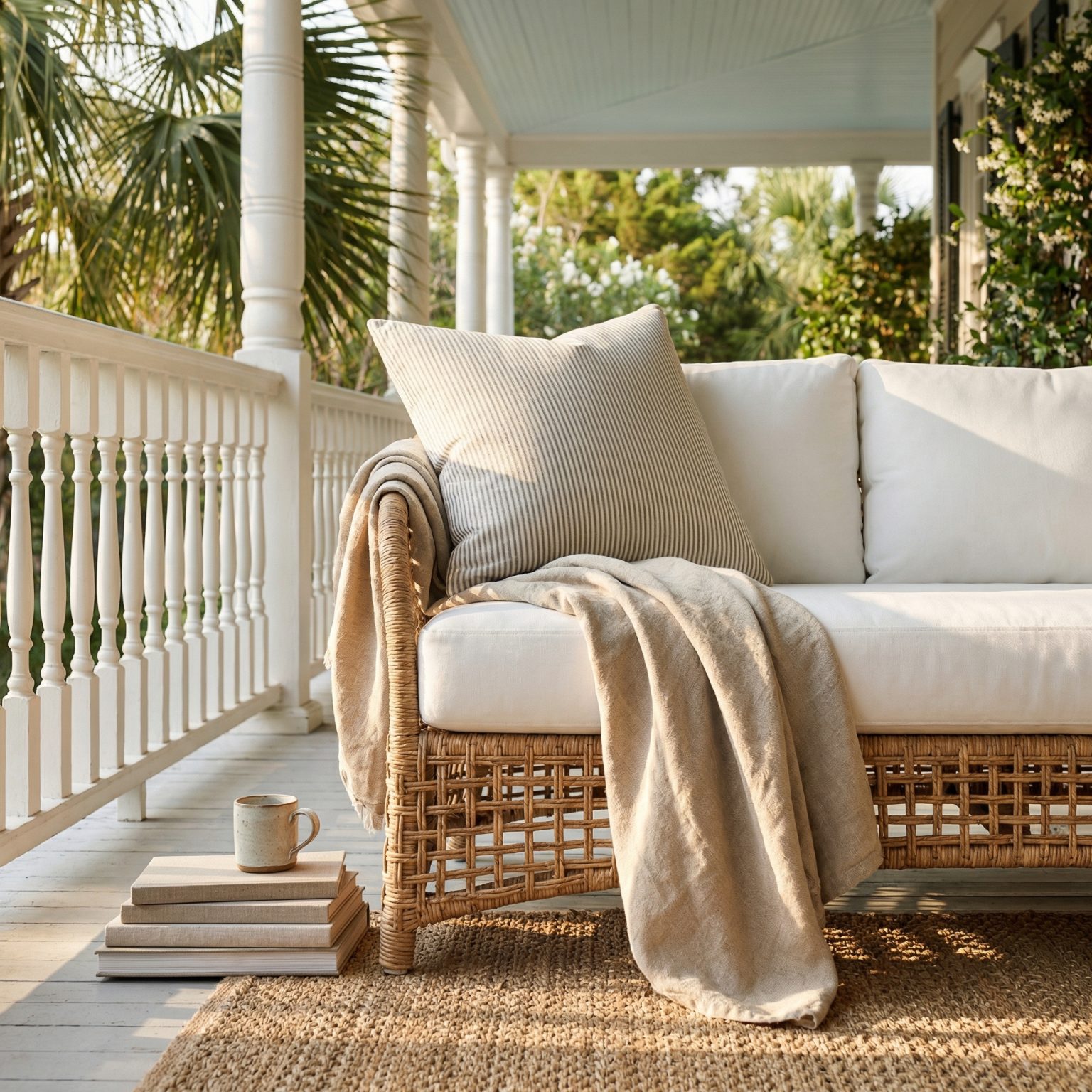 A woven sofa with cream cushions and a linen throw on a Southern porch