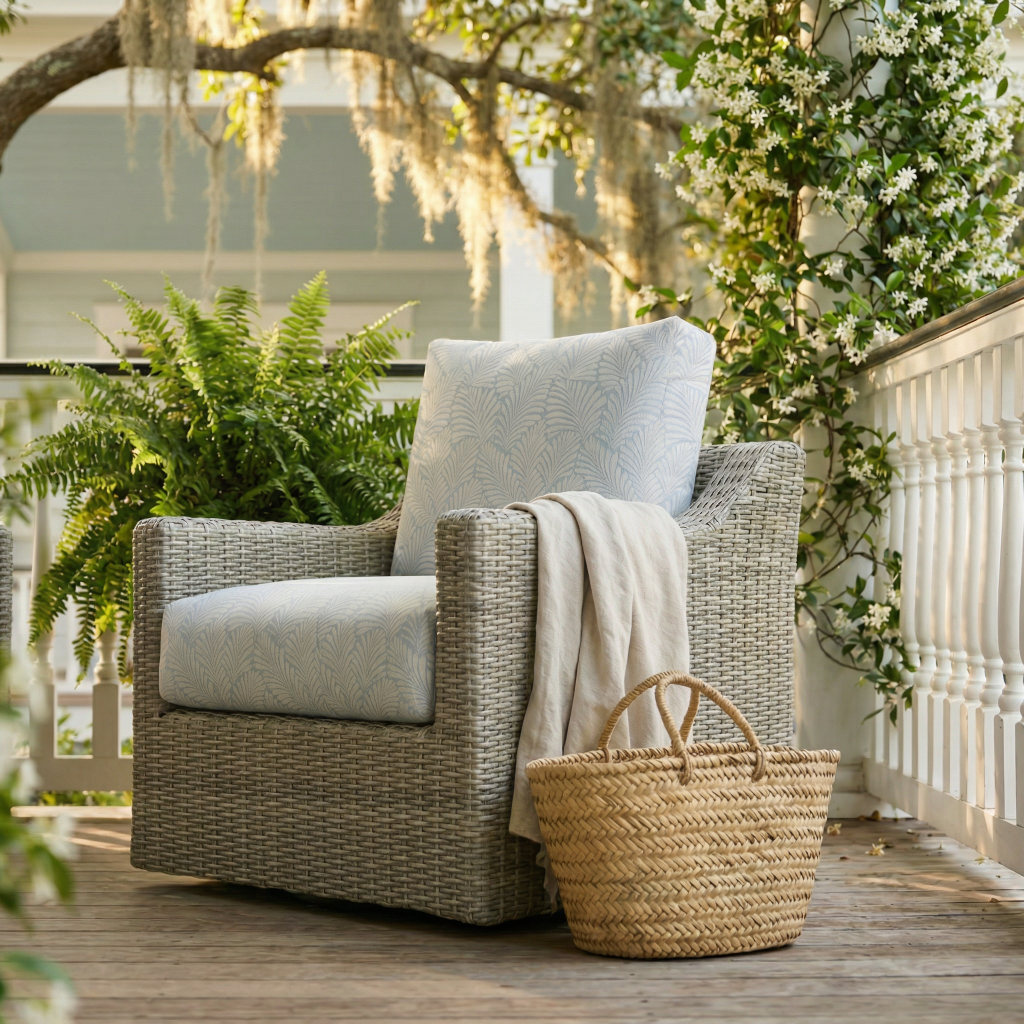 A woven swivel chair with cream cushions on a Southern porch with ferns and Spanish moss