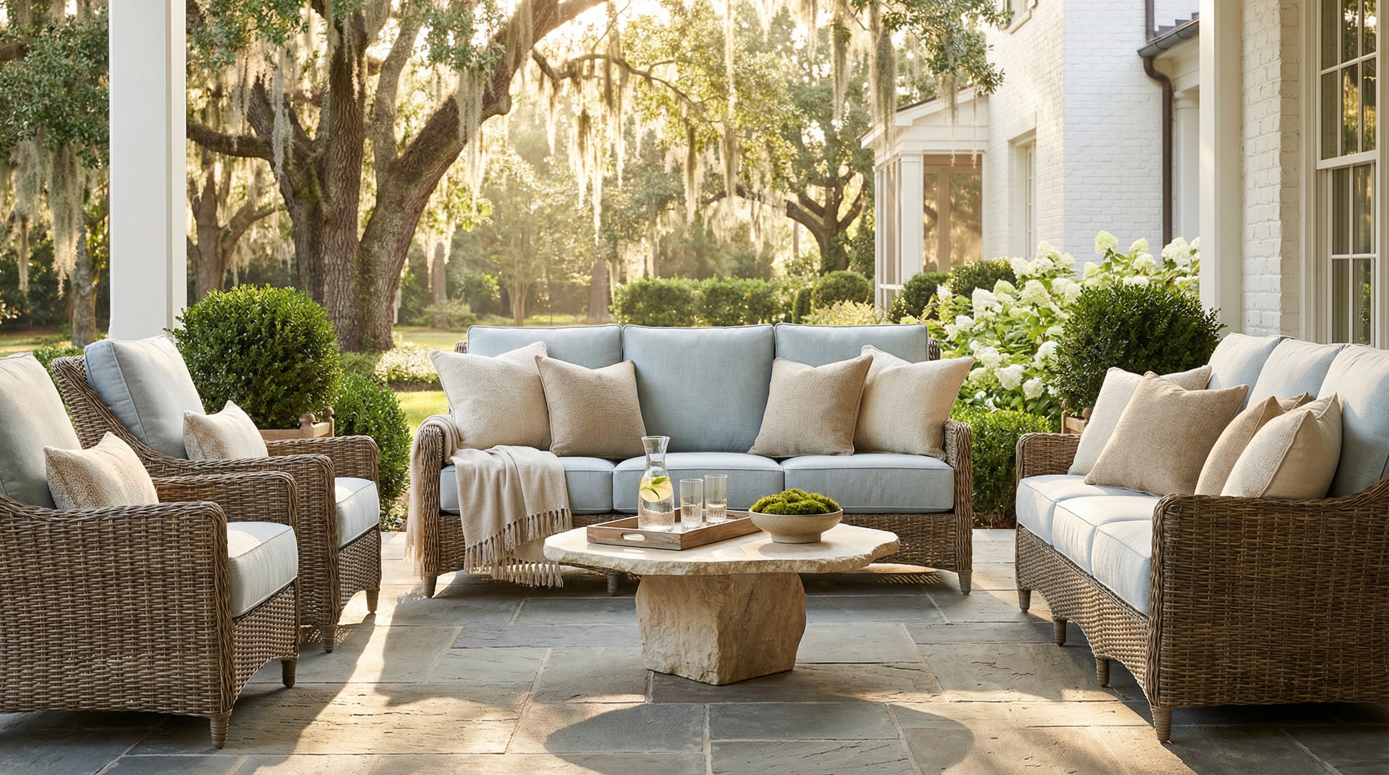 Sea collection woven seating on a stone terrace under live oaks