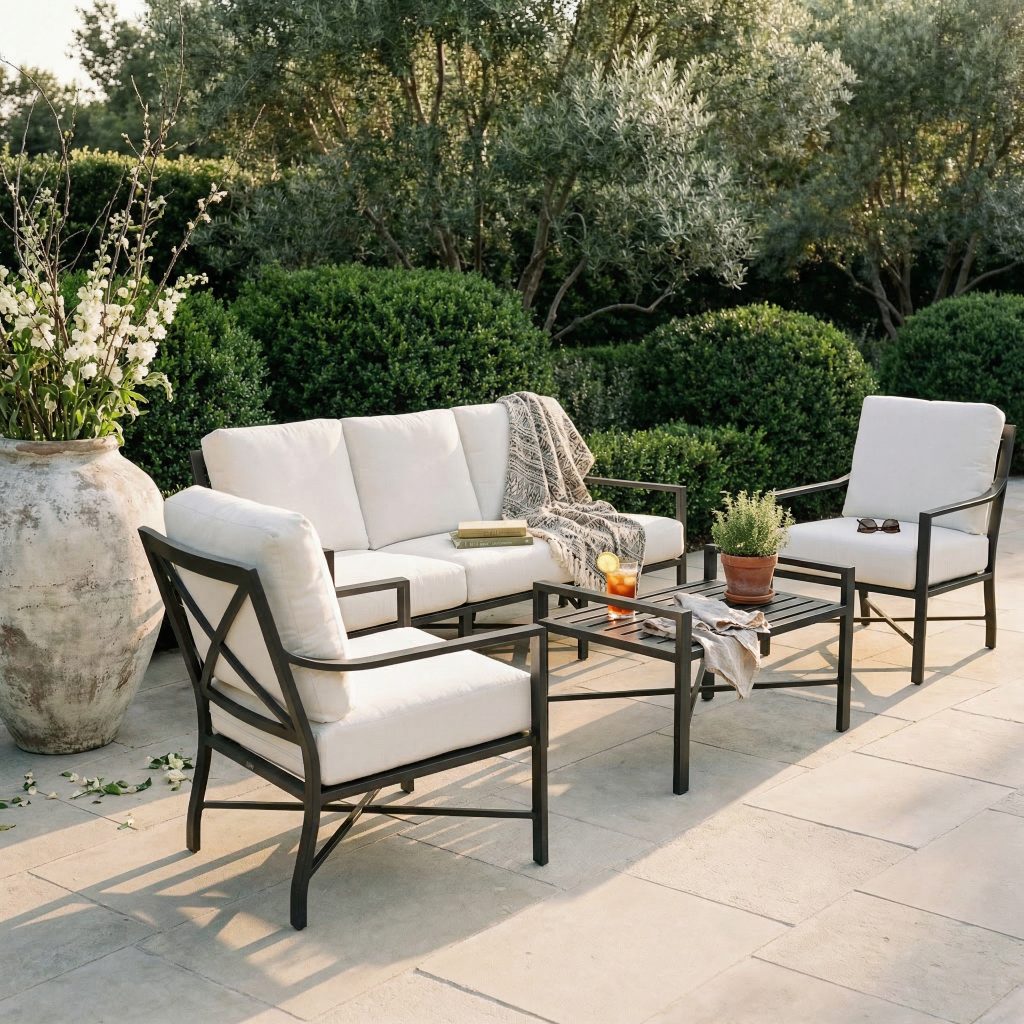 Deep seating with cream cushions in a garden courtyard