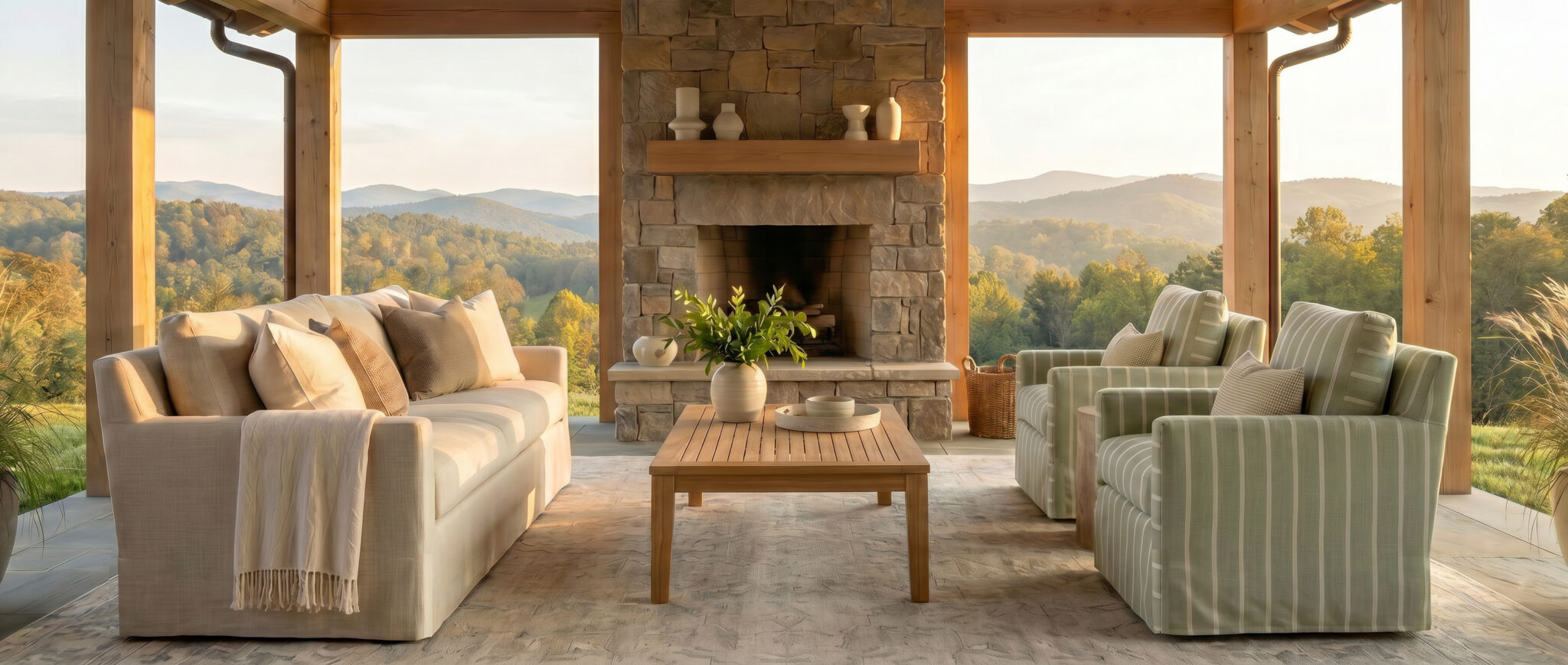 A covered stone porch with Southern Home deep seating, a teak coffee table, and a fireplace overlooking the mountains