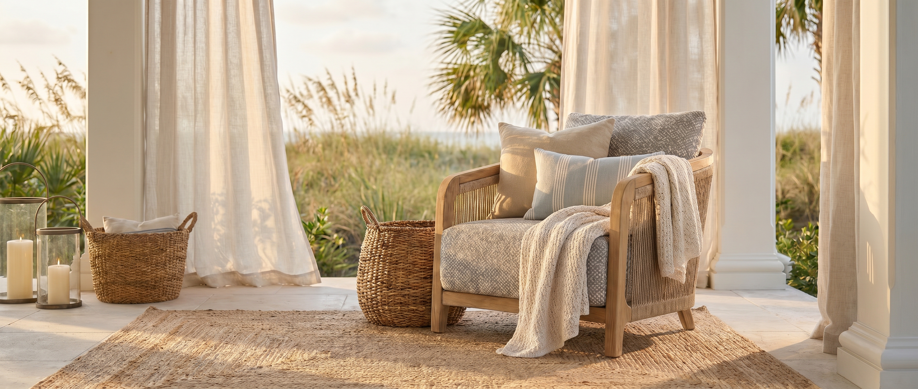 A woven lounge chair with cream cushions on a breezy coastal porch with linen drapes